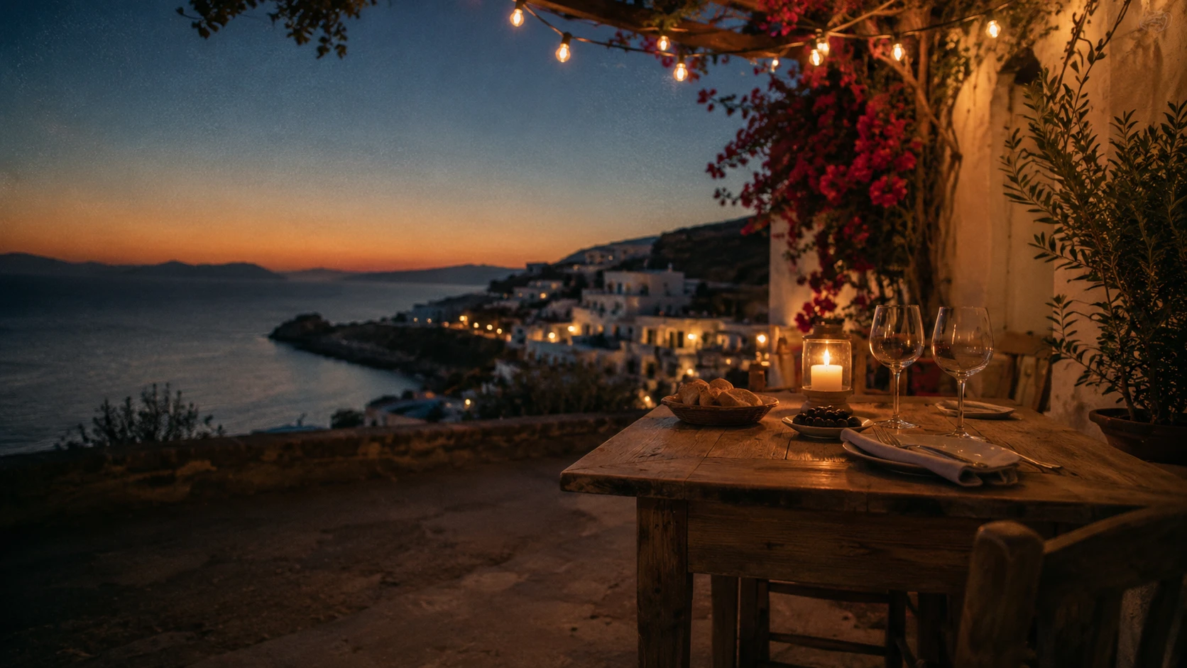 The entrance to Mandraki harbour in Rhodes at night under a starry sky, the bronze deer columns and the medieval Fort of Saint Nicholas lit warmly across the water