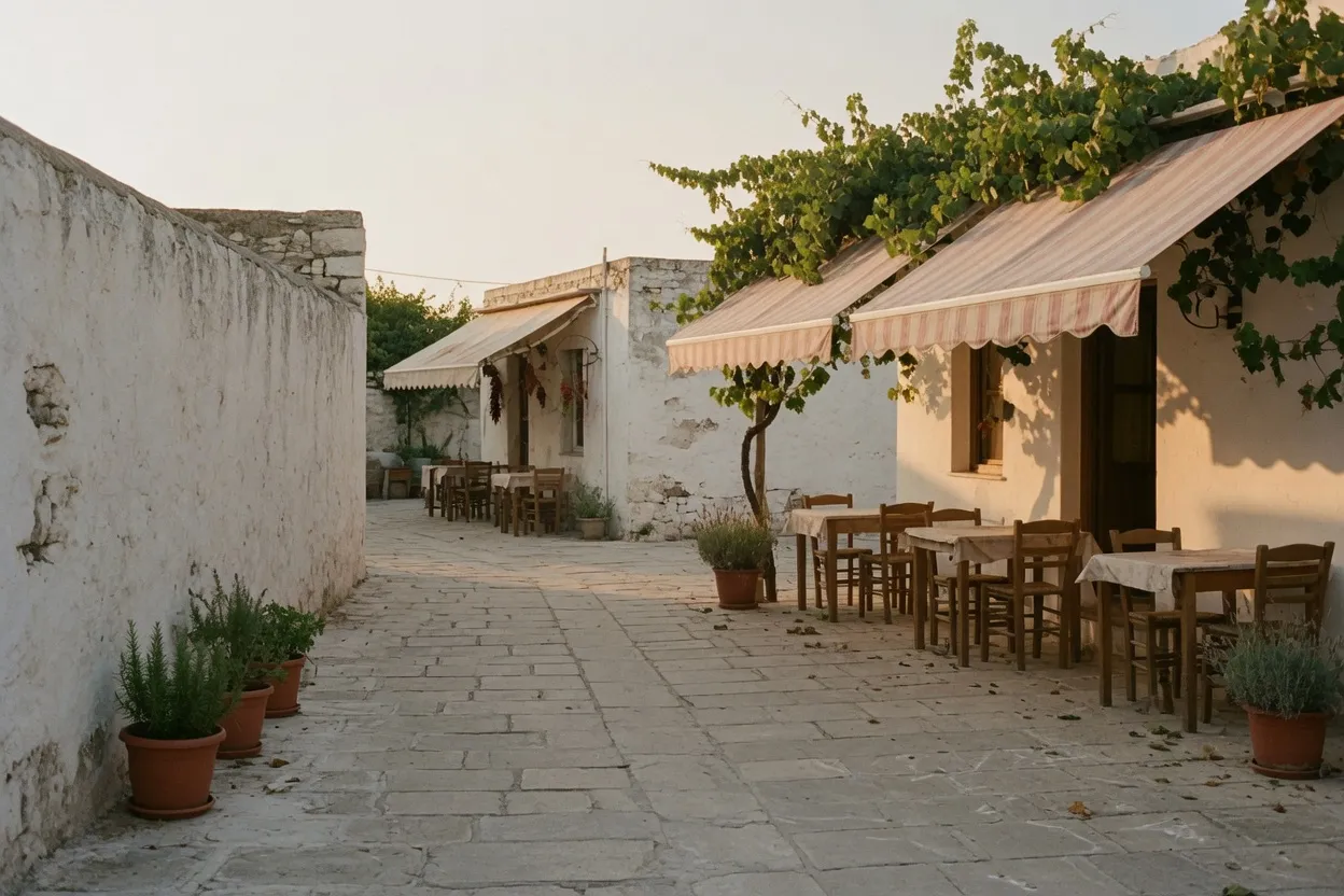 A taverna terrace under a vine on a quiet Rhodes old-town square in the warm early-evening light.